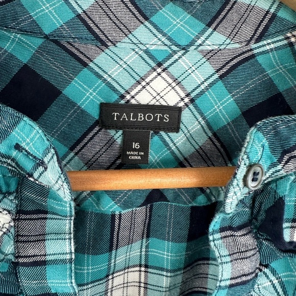 Talbots 16 Button Blouse Top Ruffle Front Plaid Roll Tab Sleeves Green Flannel - Picture 4 of 8